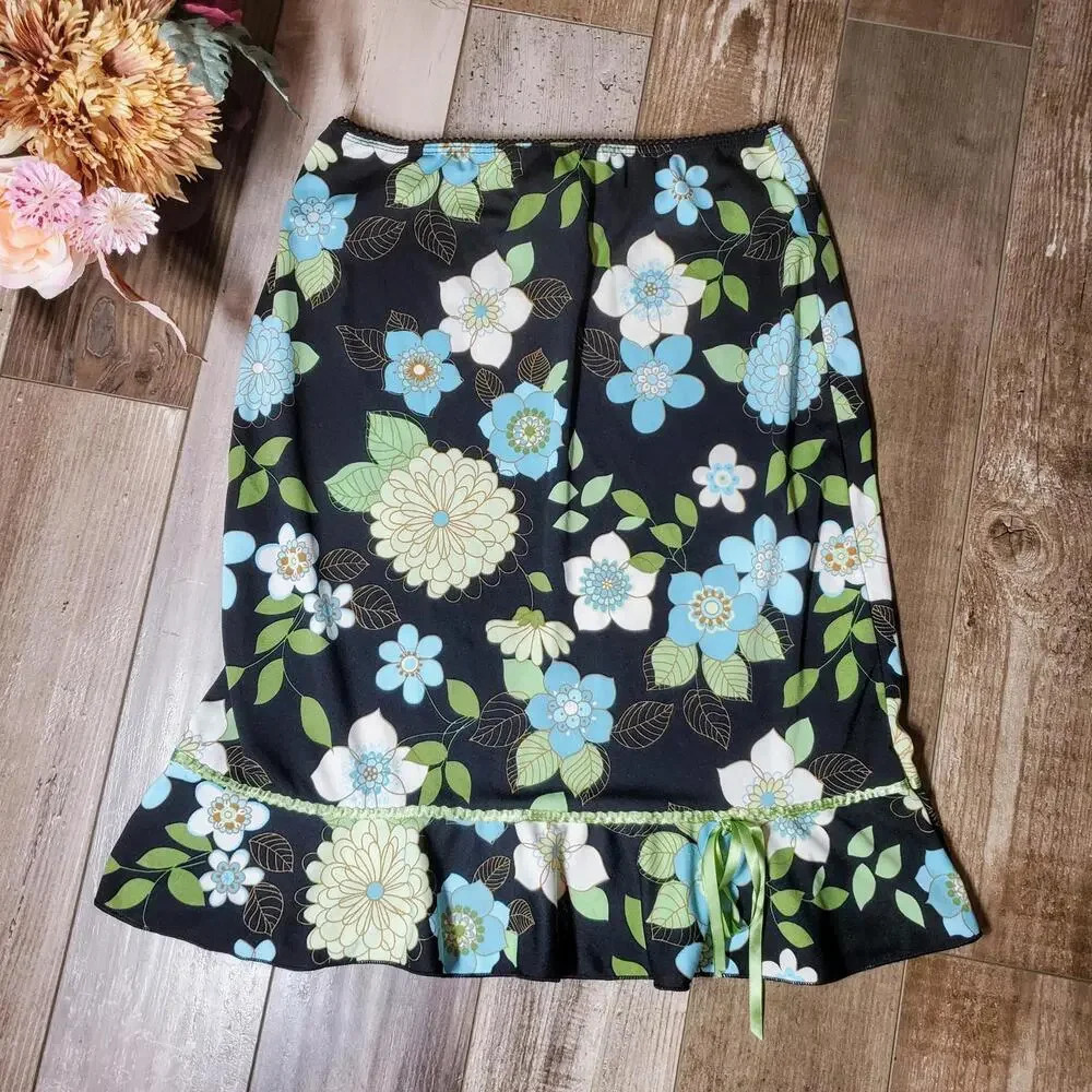 Vintage Black Green & Blue Floral Skirt by LunaChix / 90s Skirt / Y2K